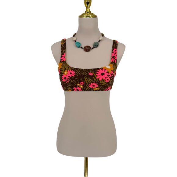 Aerie Padded Bikini Top MEDIUM Scoop Floral Green Pink Retro Tropical Botanical - Picture 2 of 11